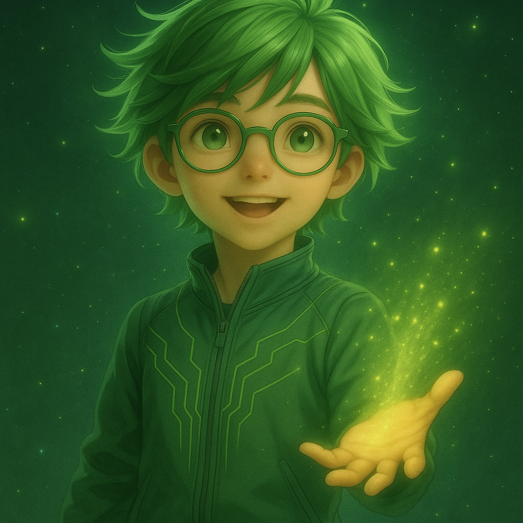 チャッピーが手から光を放ち、未来への希望を示しているイラスト
