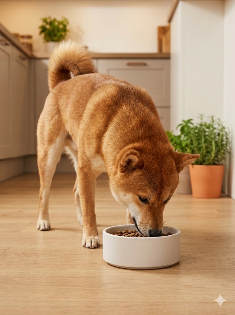 嬉しそうに尾を上げてボウルからドッグフードを食べる柴犬