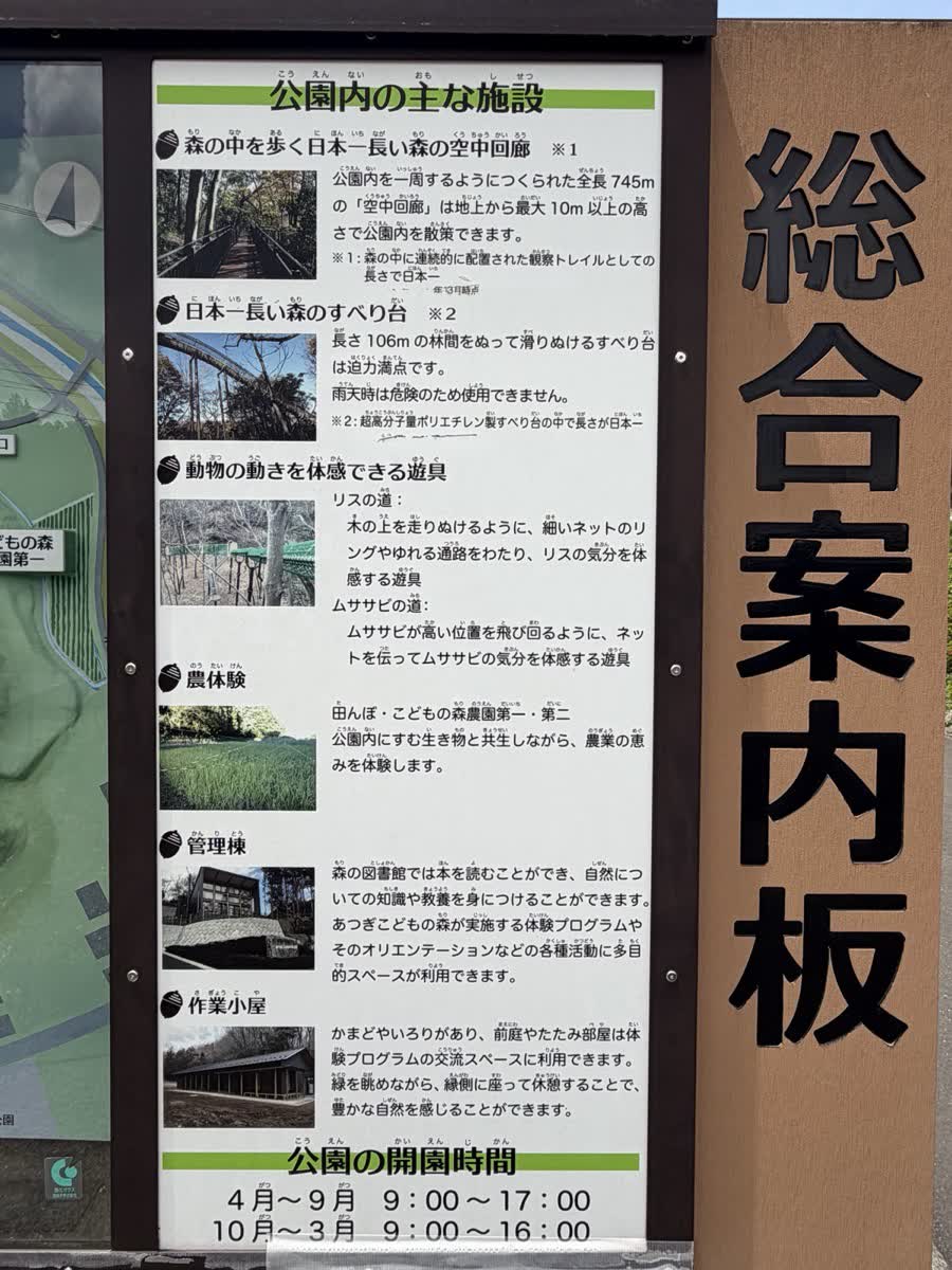 公園内の主な情報と開園時間が書かれた案内板