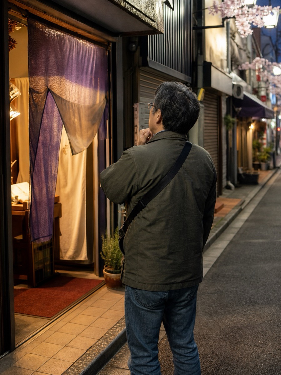 占い店の前で入るか迷う50代男性のイメージ
