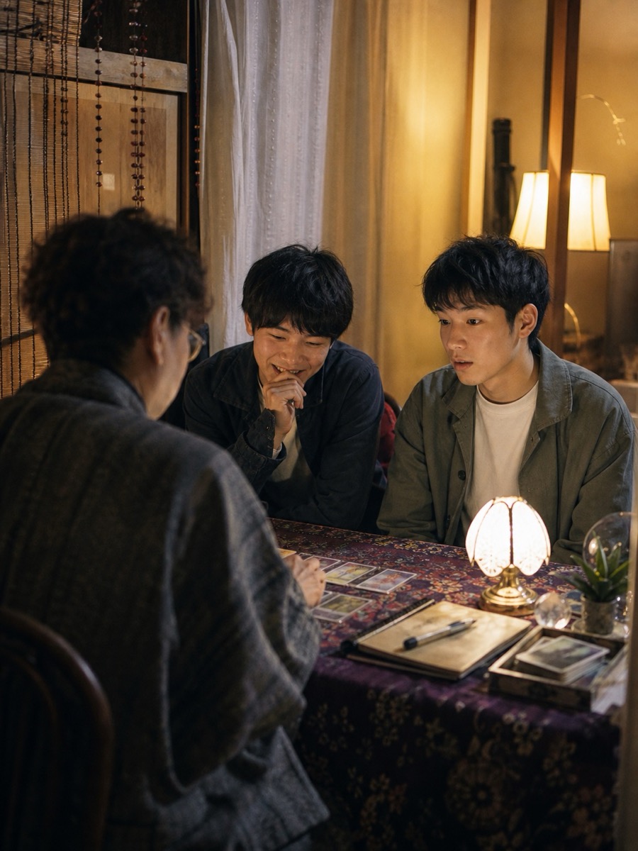 大阪の占い師に見てもらう若い男性と友人のイメージ