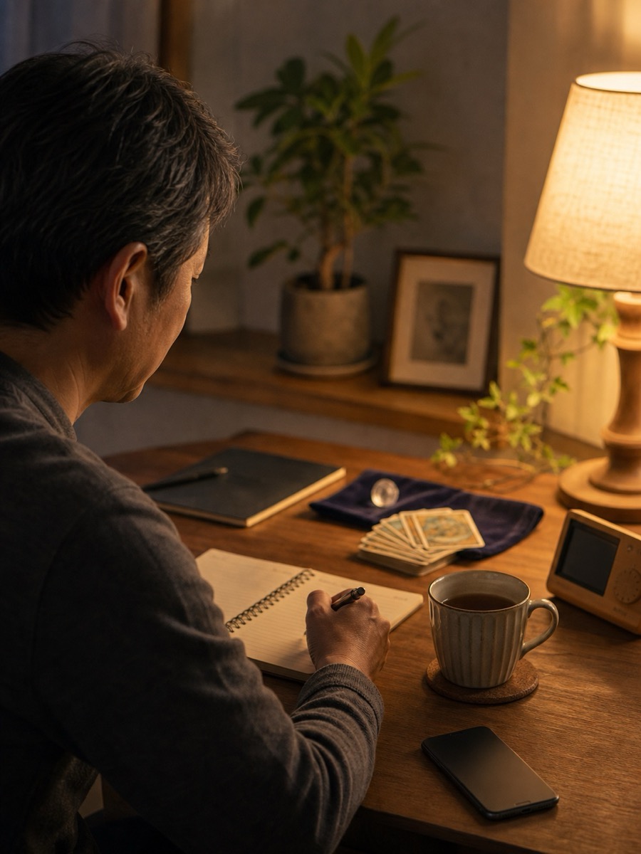 電話相談のあとにノートを見返しながら落ち着く50代男性
