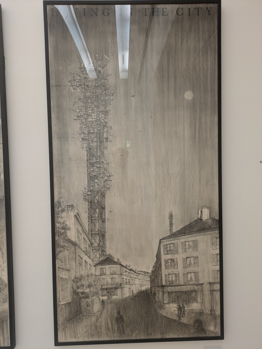 山本理顕のLIVING IN THE CITYのドローイング。都市の中に細長い塔状の住居が描かれている