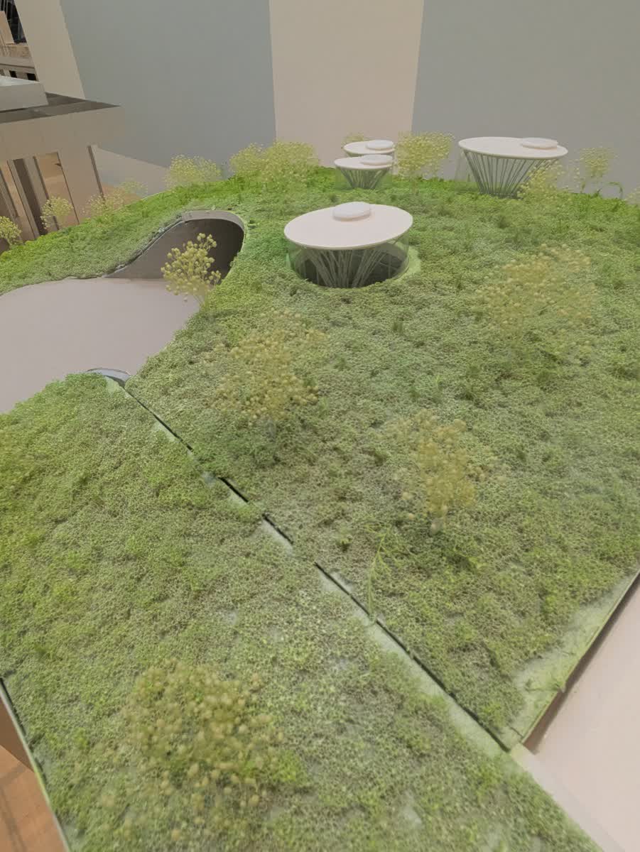 横須賀美術館の緑化された屋根を表した模型。地面と建物がなだらかにつながっている