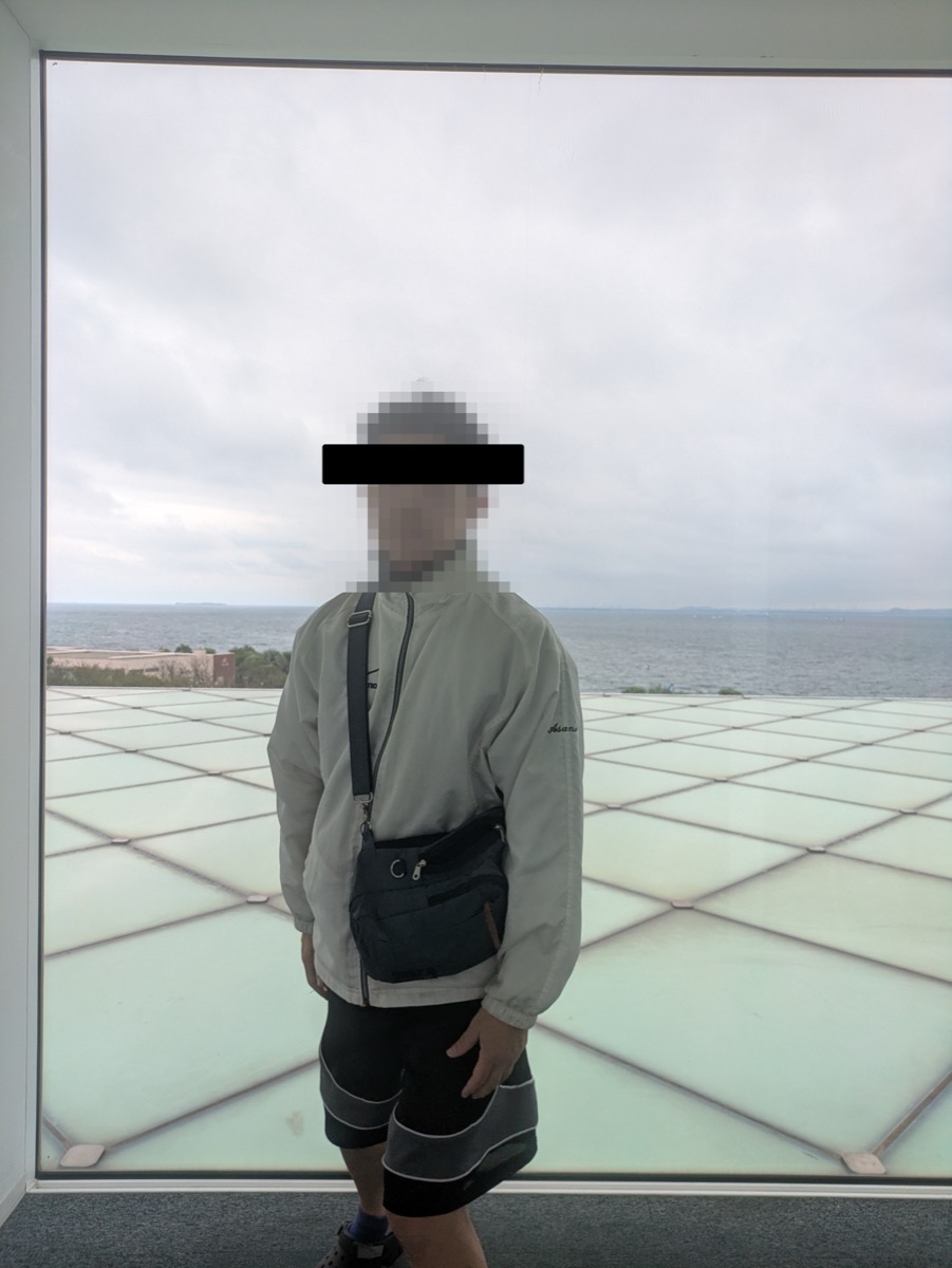 横須賀美術館の館内で、顔にモザイクをかけた人物が大きな窓の前に立っている。窓の外には光を通す屋上パネルと海が見える