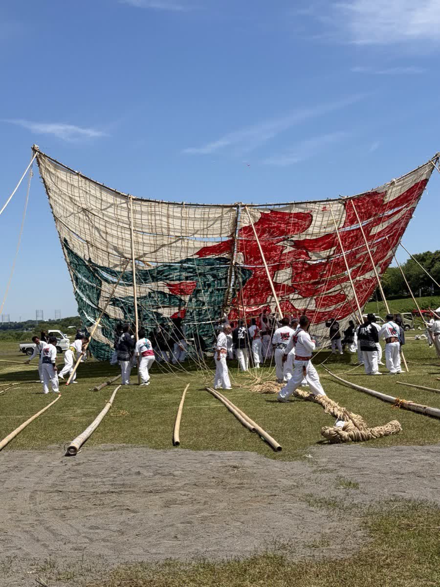 大凧を地面に広げる