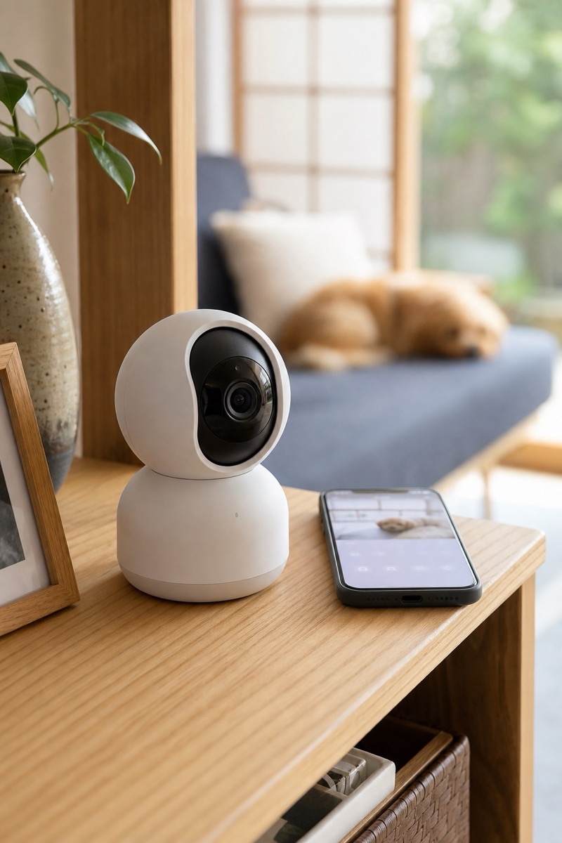 部屋に置かれたペットカメラとスマートフォンのイメージ