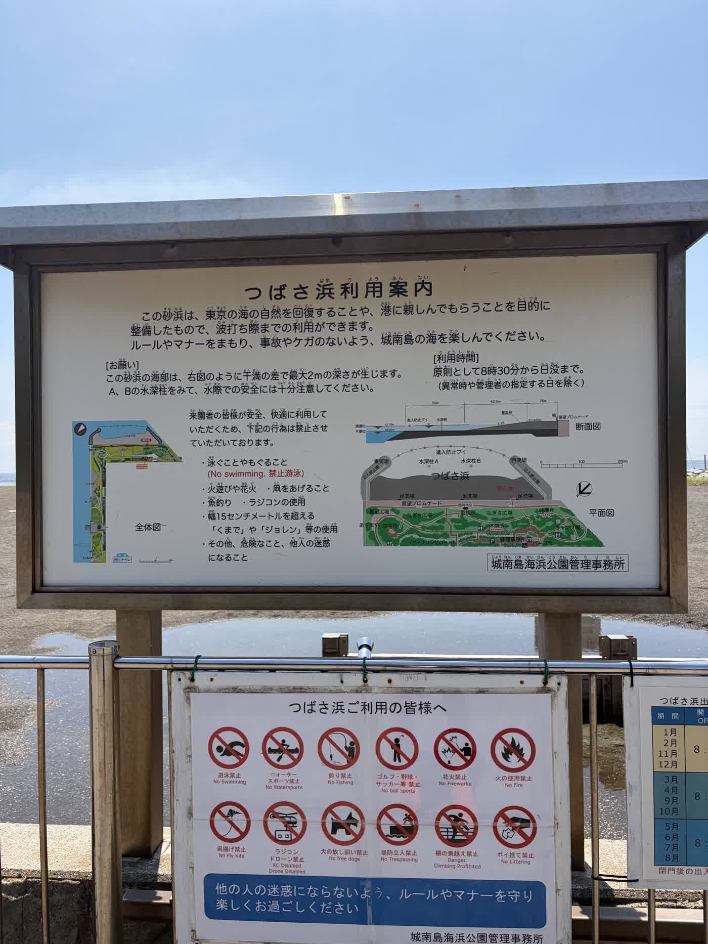 つばさ浜の利用案内と禁止事項を示す看板