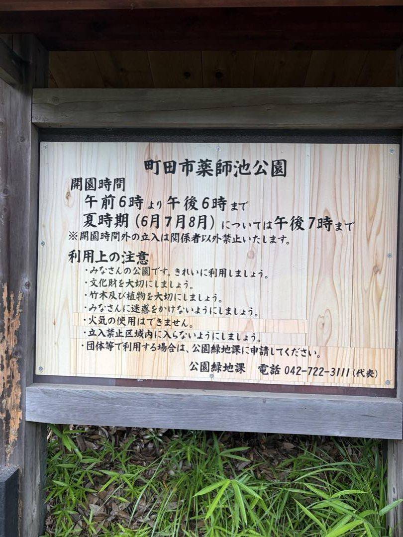薬師池公園の開園時間を記した案内看板。午前6時から午後6時、夏期は午後7時までと書かれている