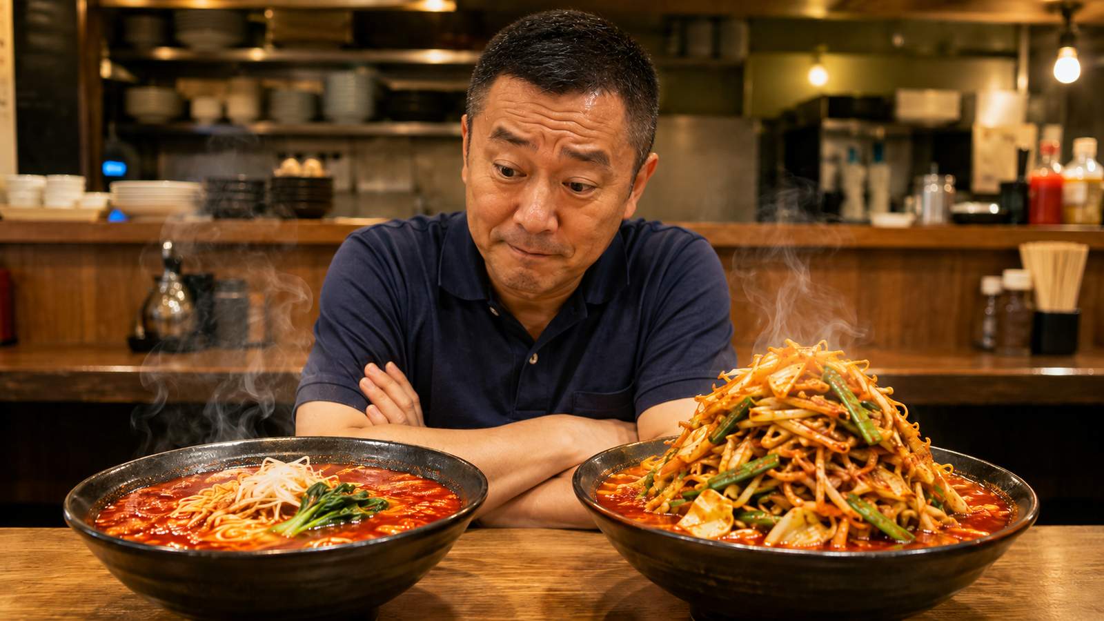 シンプルな激辛ラーメンと野菜山盛りの激辛ラーメン、2つの丼の前で腕組みして迷う50代男性