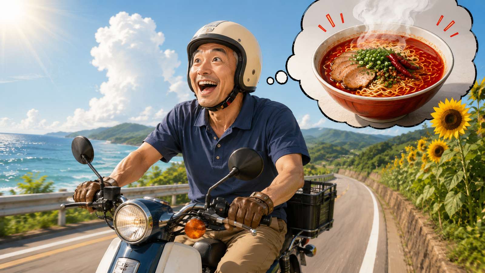 バイクに乗って激辛ラーメンを食べに向かう50代男性のイメージ