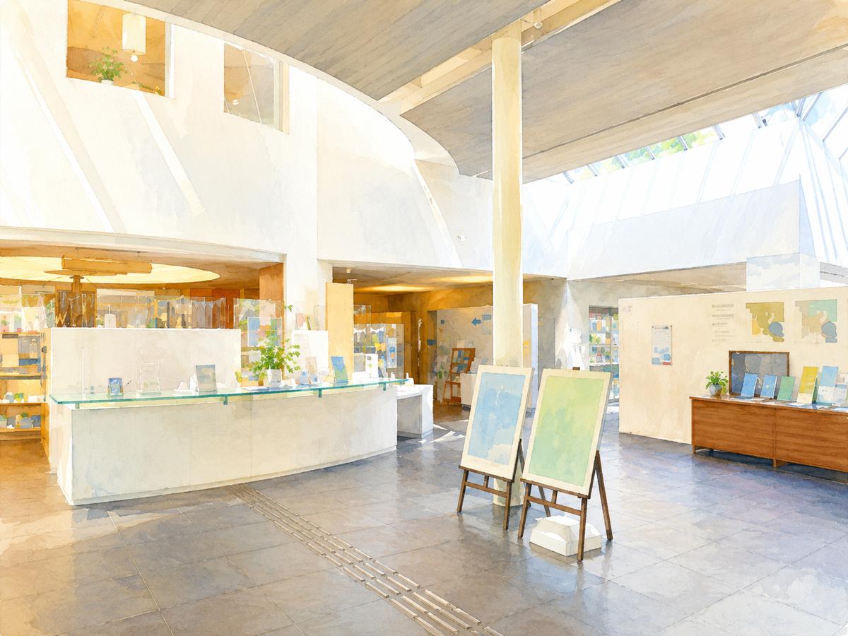 相模原市立博物館の受付カウンターがある明るいロビー(水彩イラスト)