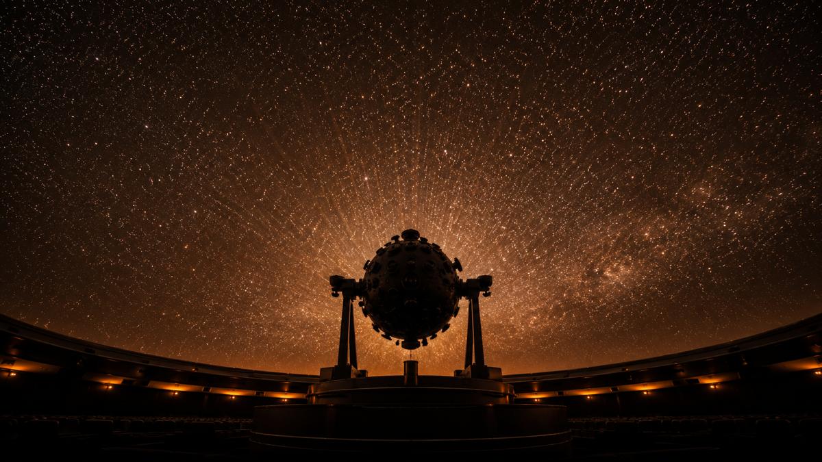 涼しいプラネタリウムのドームでリクライニングシートに座り星空を見上げるイメージ