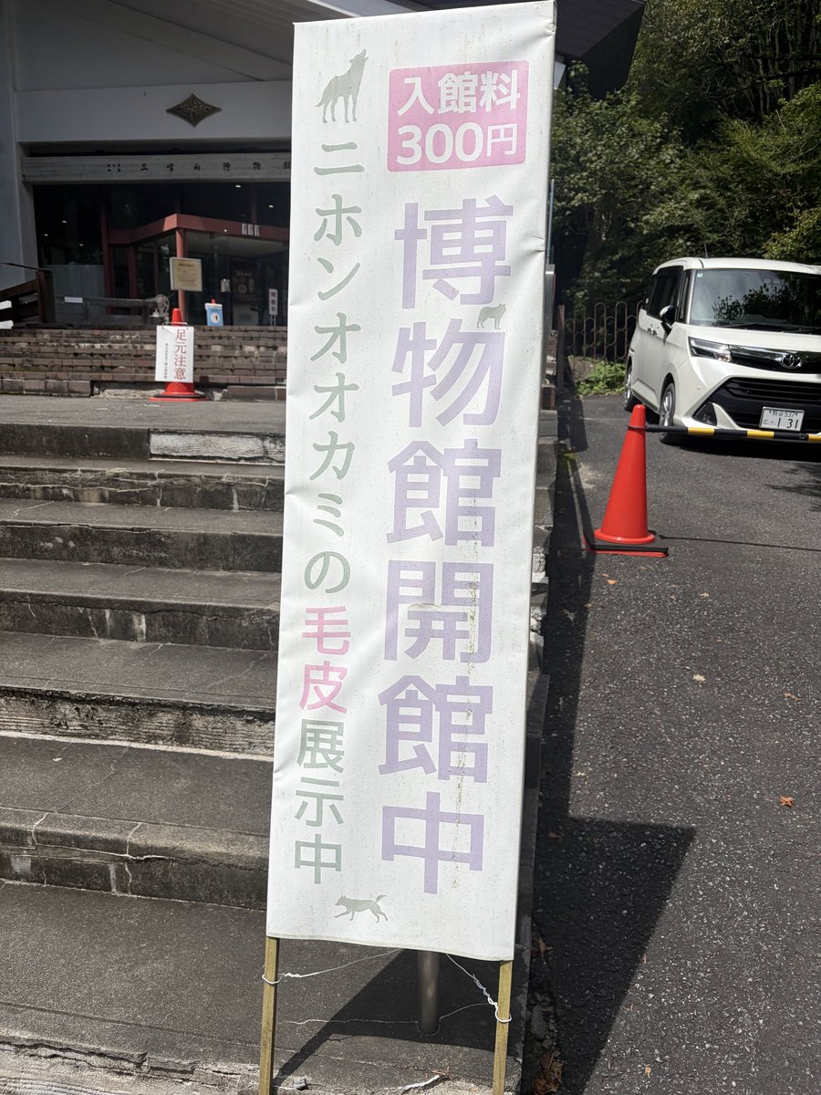 入館料300円、博物館開館中、ニホンオオカミの毛皮展示中と書かれたバナー