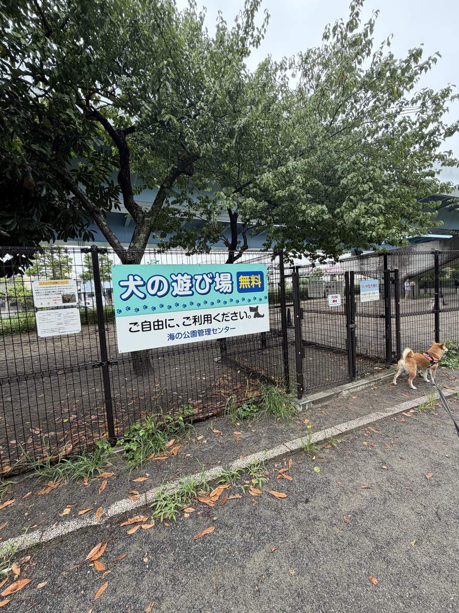 犬の遊び場の入口。無料・ご自由にご利用くださいと書かれた看板