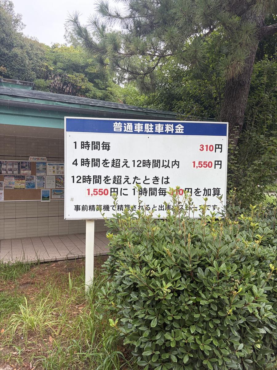 海の公園の普通車駐車料金の看板。1時間毎310円、4時間を超え12時間以内1,550円
