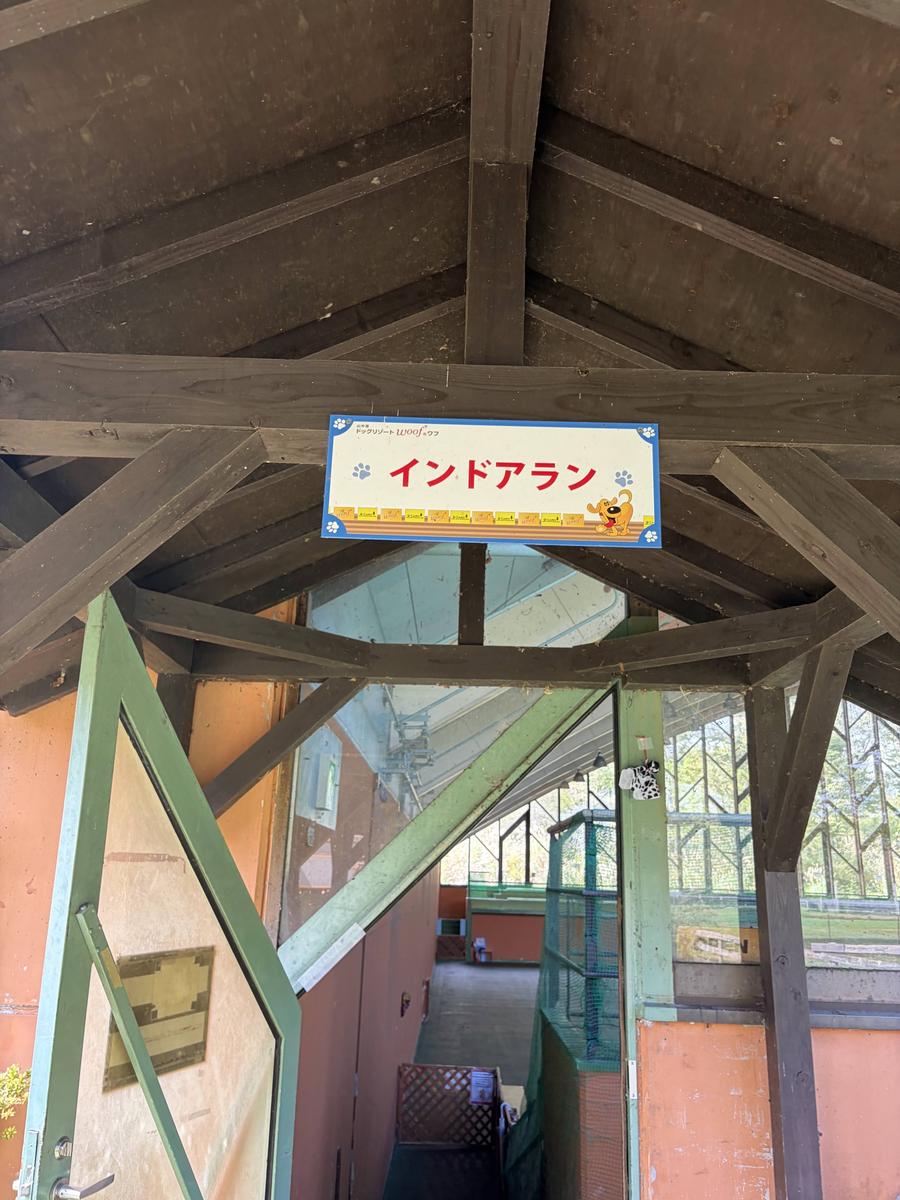 木造の屋根の梁に掲げられた「インドアラン」の看板